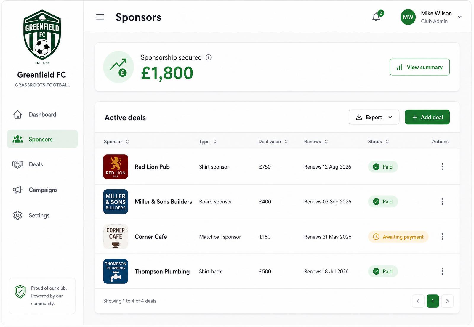 A club's sponsor dashboard showing a shirt sponsor, a board sponsor, and a matchball sponsor with their renewal dates and payment status.